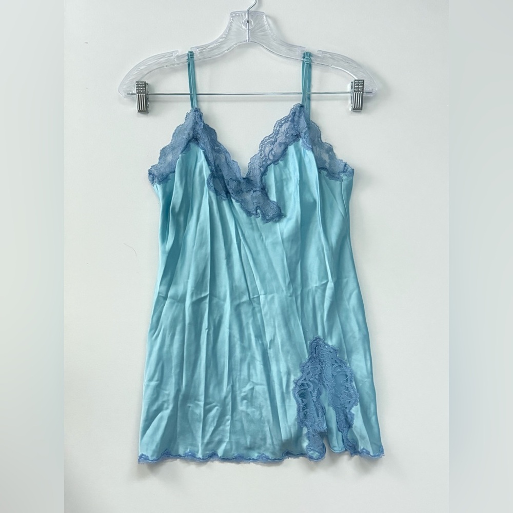 Vintage Victoria's Secret Blue Satin Chemise with Lace Slip Nightgown